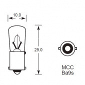 MCC BA9S T10: Miniature Centre Contact BA9S cap with 9mm diameter base and 10mm diameter tubular glass (T10) from £0.01 each